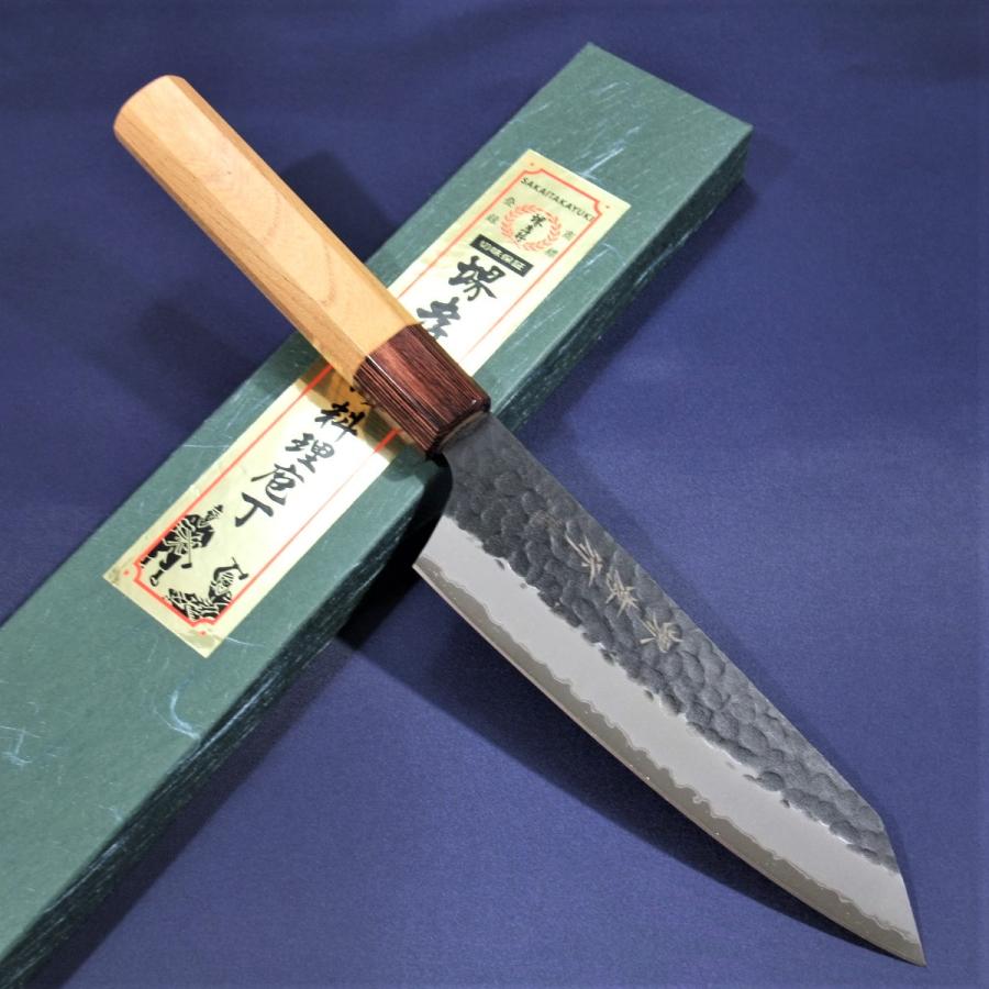 堺孝行 剣型三徳 包丁 160mm 青紙スーパー 黒槌目 ケヤキ柄 日本製