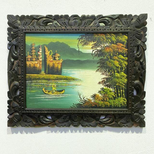 バリの絵 風景画 ウルン・ダヌ・ブラタン寺院 額付き 53×43cm バリ