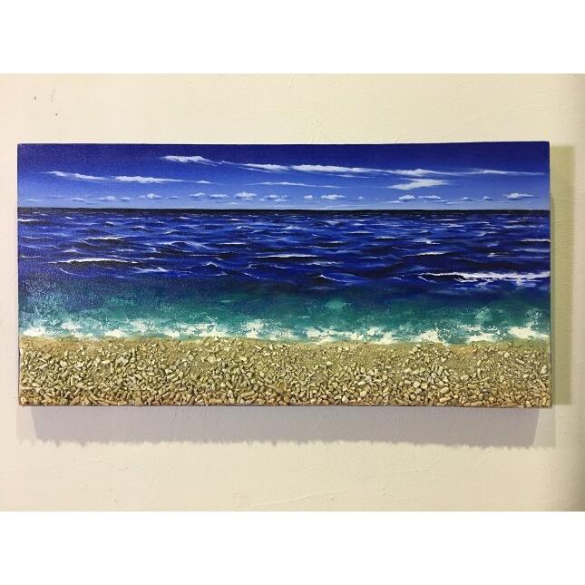 バリ島絵画 本物のサンゴの立体的な砂浜 波の絵 W100cm×H50cm (1154