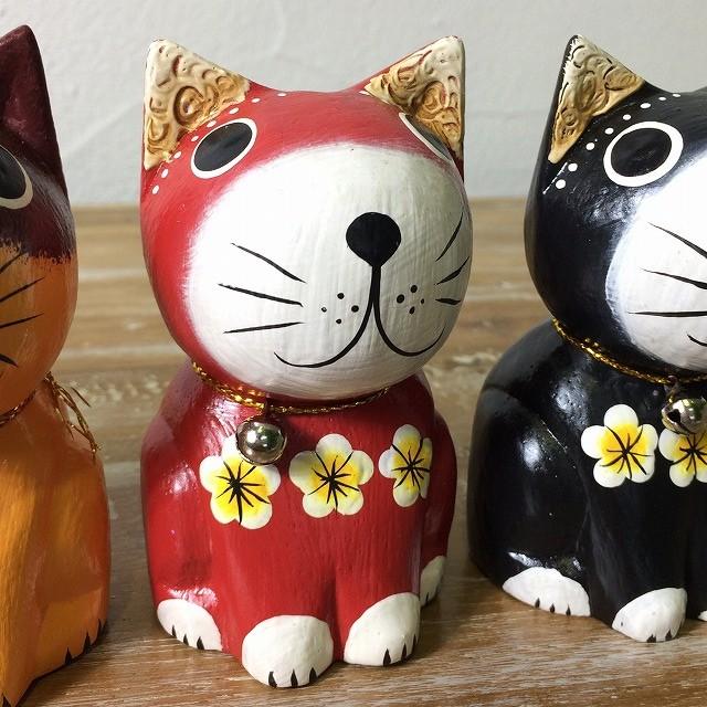 木彫り お座りバリネコ 鈴付き 5色 アニマル 猫 置物 小物 バリ島