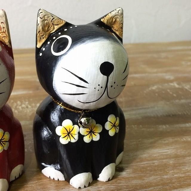 木彫り お座りバリネコ 鈴付き 5色 アニマル 猫 置物 小物 バリ島