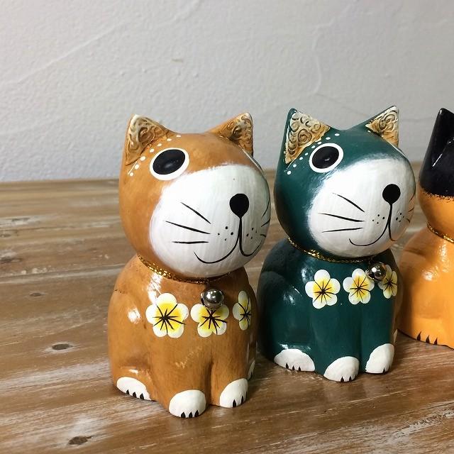 木彫り お座りバリネコ 鈴付き 5色 アニマル 猫 置物 小物 バリ島