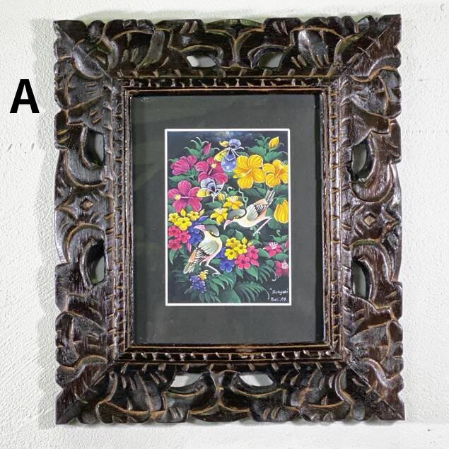 バリ絵画 花と鳥と蝶 4柄 W33cm×H38cm バリアート 額縁 絵 インテリア