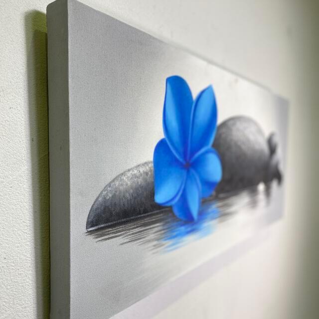 バリ島の絵画 プルメリア 青 ストーン フレームなし W90×H40cm 花の絵