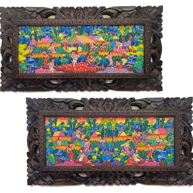 バリ絵画 風景画 額付き W63×H33cm アートパネル ヤングアーティスト