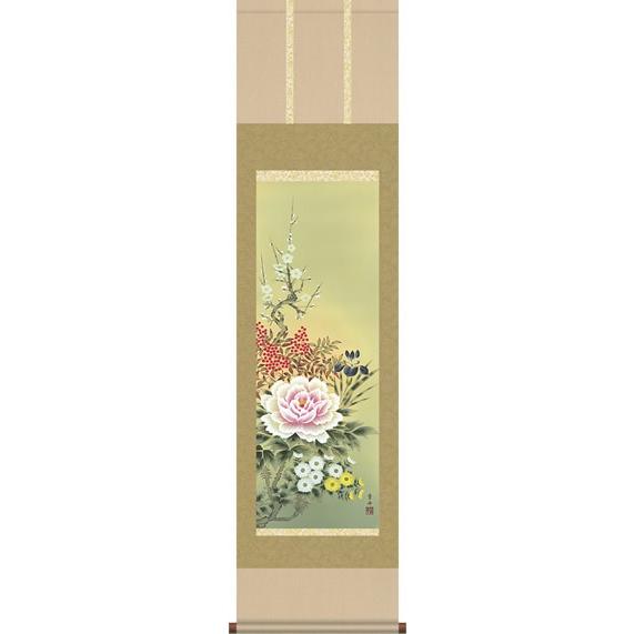 掛軸 掛け軸-四季花/根本葉舟 花鳥掛軸送料無料(尺三 化粧箱 本表装