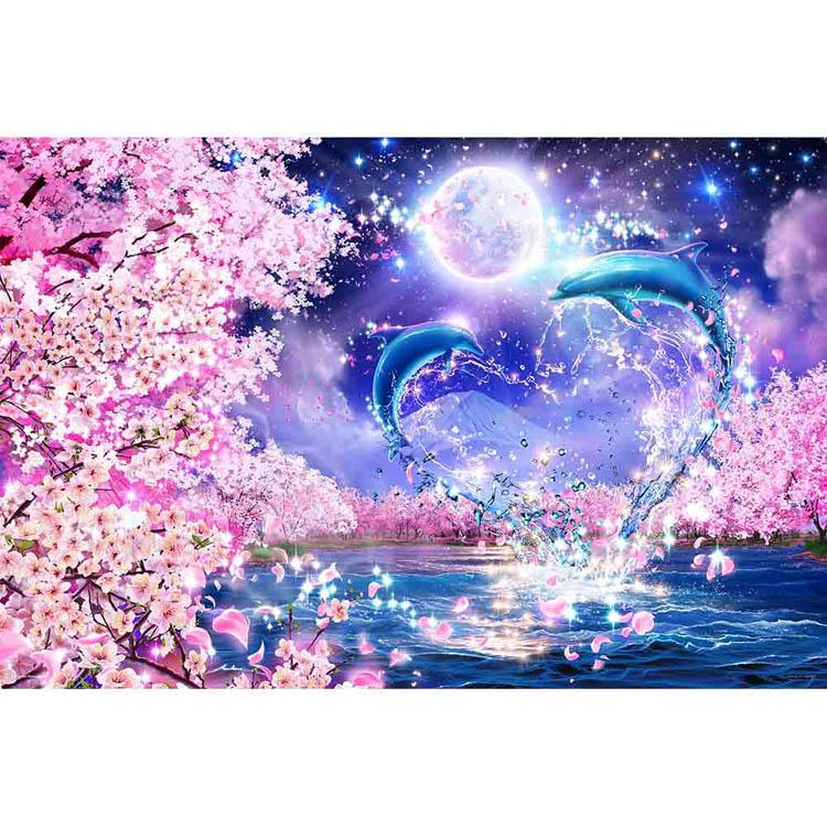ジグソーパズル 1000ピース 50×75cm ラッセン イルカ 月 桜 イラスト