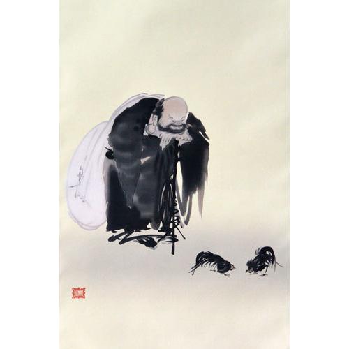掛軸 宮本武蔵 複製画（布袋観闘鶏図）(掛け軸 尺五立) : 大瑠堂