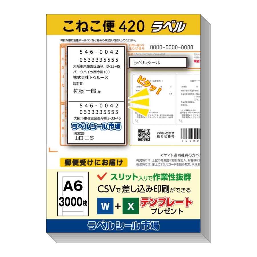 こねこ便420宛名ラベルシール 3000枚 テンプレート付 日本製 送料無料
