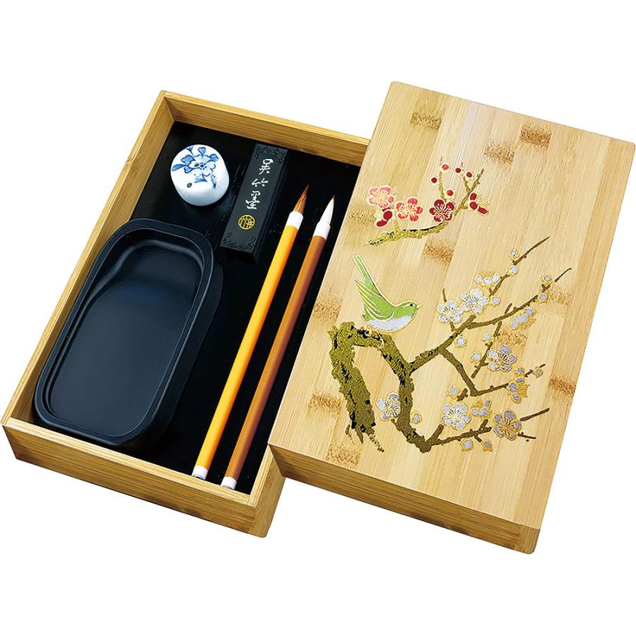 呉竹 硯箱セット 竹製 梅に鶯蒔絵 [クリックポスト対象外商品] 文房具