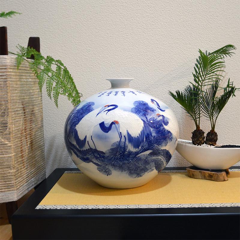 松鶴延年 景徳鎮陶磁器 呉文瀚作 壷 花瓶 高さ35cm SE011915