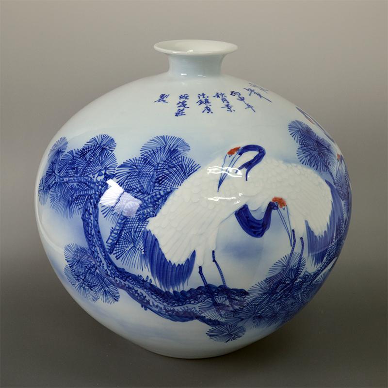 松鶴延年 景徳鎮陶磁器 呉文瀚作 壷 花瓶 高さ35cm SE011915