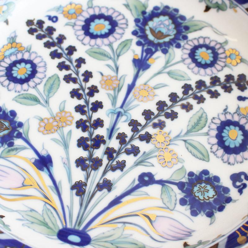 大皿 トルコ IZNIK 飾り皿 青い花柄 高級食器 イズニック陶芸 金彩 上