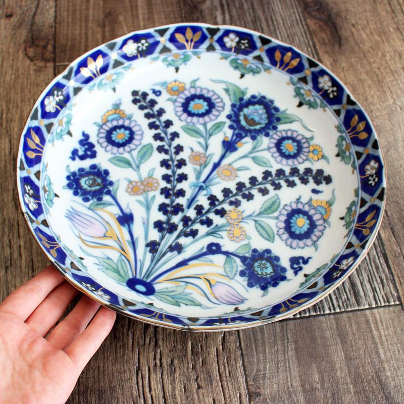 大皿 トルコ IZNIK 飾り皿 青い花柄 高級食器 イズニック陶芸 金彩 上
