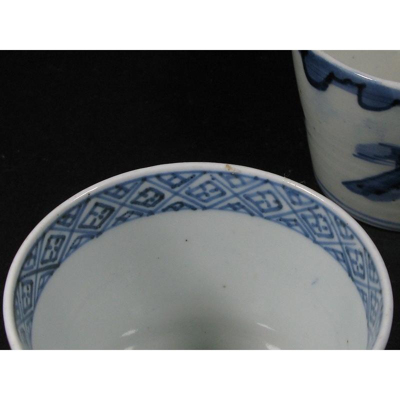 古伊万里 染付 山水文 見込み岩波文 蛇の目高台 蕎麦猪口 3客セット (6