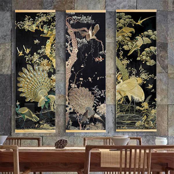 タペストリー 壁掛け ハンガーポスター 掛け軸風 水墨画 孔雀 アジアン
