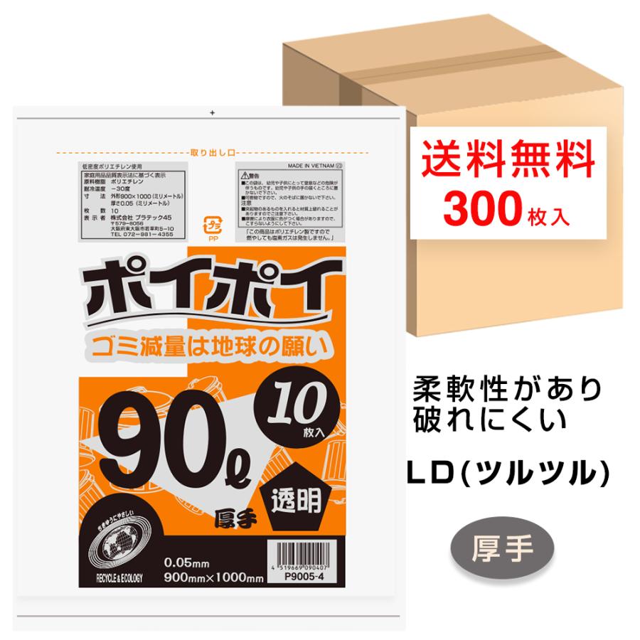 ゴミ袋 90L 厚手 ポリ袋 透明 900x1000mm 0.05mm厚 10枚x30冊 P9005-4