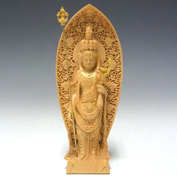 木彫り 仏像 金彩十一面観音菩薩 立像 高さ12cm 柘植製 : 仏像と縁起物