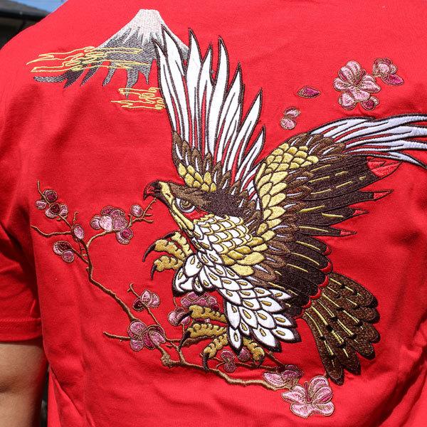 和柄tシャツ 和柄半袖Tシャツ 鷹【YH22102RED】和柄刺繍Tシャツ絡繰魂