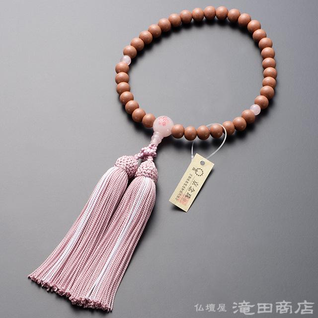 仏壇屋 滝田商店 数珠 女性用 紅桜 ローズクォーツ桜彫り 8mm玉 念珠袋