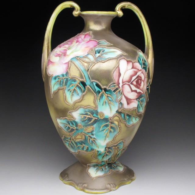 ノリタケ オールドノリタケ 金盛り薔薇絵 花瓶 22cm : アンティーク