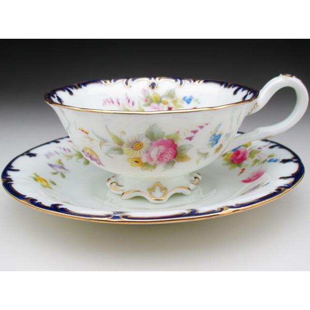 コウルドン 藍縁金彩花絵 カップ＆ソーサー アンティーク 1905年 (b