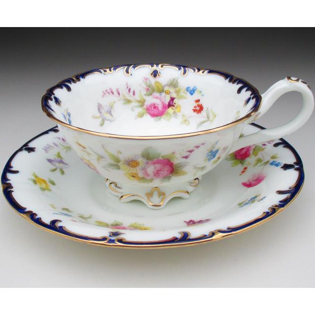 コウルドン 藍縁金彩花絵 カップ＆ソーサー アンティーク 1905年 (b