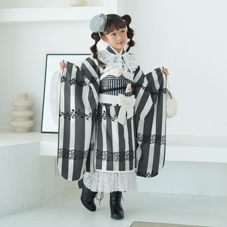 レンタル 七五三 着物 7歳 セット シュセット レトロ ストライプ 黒系