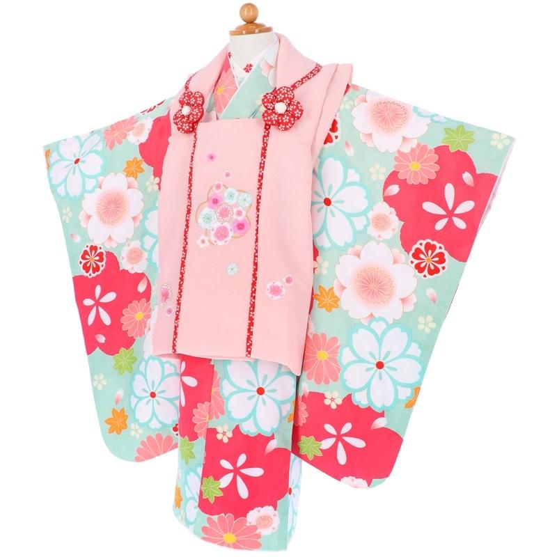七五三 着物レンタル 3歳 753 女の子 フルセット 被布 水色桜×薄ピンク