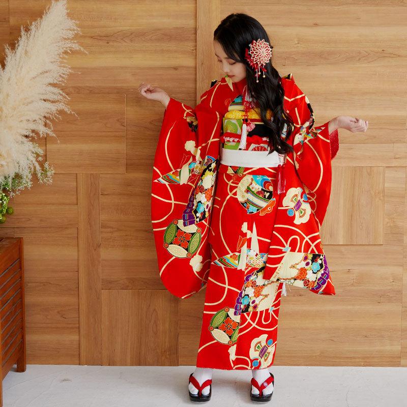 七五三 7歳着物 レンタル フルセット 紅一点 ブランド着物 赤 扇面に