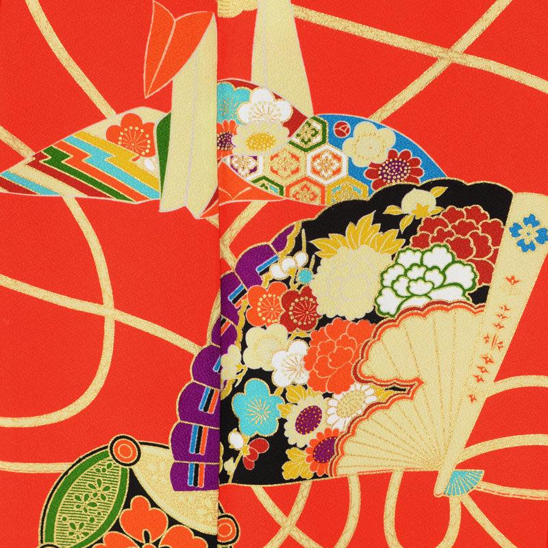 七五三 7歳着物 レンタル フルセット 紅一点 ブランド着物 赤 扇面に