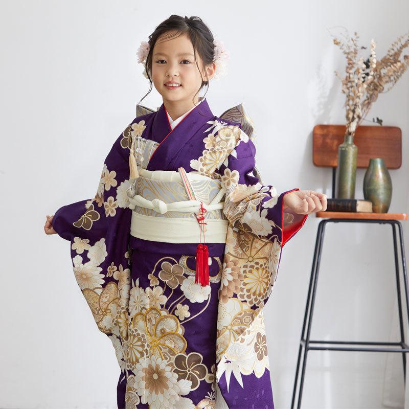 七五三 7歳着物 レンタル フルセット 紫 梅と菊 女の子 七歳 753