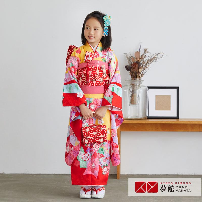 七五三 7歳着物 レンタル フルセット 黄 花熨斗目 女の子 七歳 753