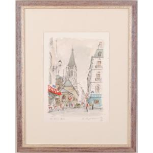 パリ 風景画 絵画 フランス 水彩画 藤森悠二 「パリ下町の市」 額付き