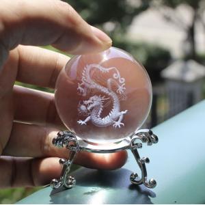 置物 水晶球 クリスタル 8cm 中 木製 台座付き （訳あり 小キズあり