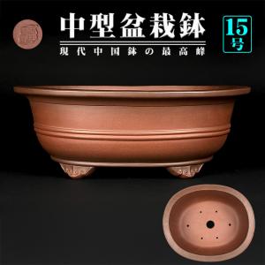盆栽鉢 紫泥外縁下紐楕円鉢 植木鉢 中国鉢 張氏製陶 落款あり 17号
