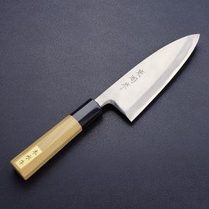 東周作 出刃包丁 片刃 165mm 青紙2号 付け鋼 霞研ぎ仕上げ 八角水牛柄