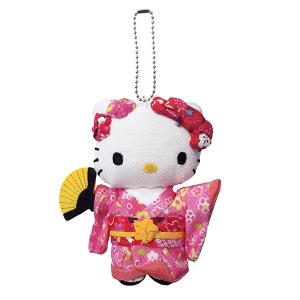 ハローキティ はろうきてぃ日本人形 ちりめん根付け ピンク（扇子