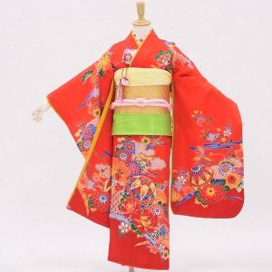 中古 七五三 正絹 7〜11歳女児用 祝い着 着物 長襦袢セット 朱色地に蝶