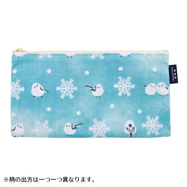 濱文様 フラットポーチ シマエナガと雪 / 冬柄 野鳥 化粧ポーチ 日本製