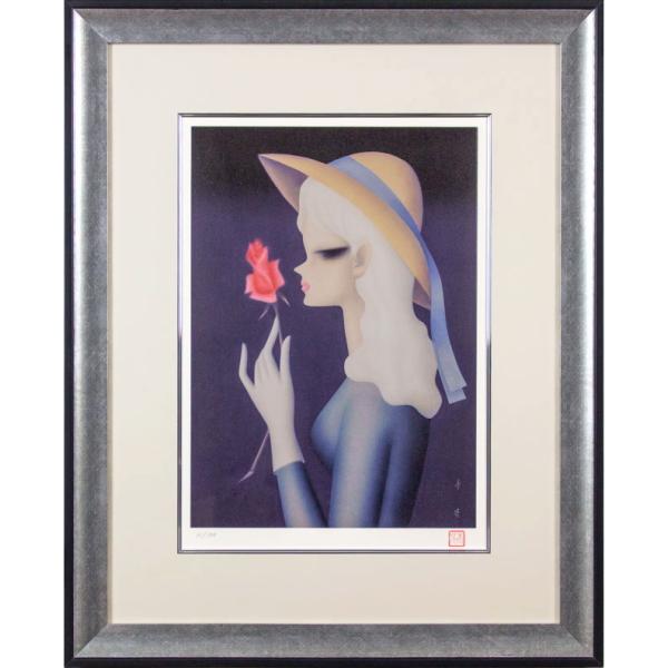 東郷青児 「 バラ一輪 」 リトグラフ 版画 洋画 人物 花 帽子 美人画