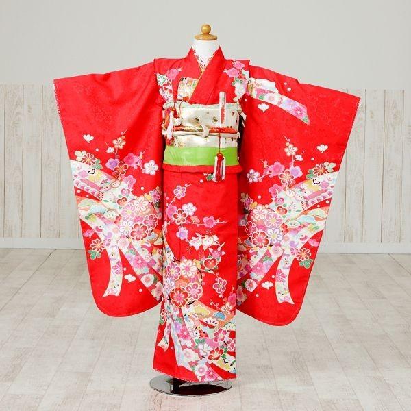 7-869 ブランド 椿姫 赤地 桜地紋 花輪に熨斗目 七五三 7歳 女の子