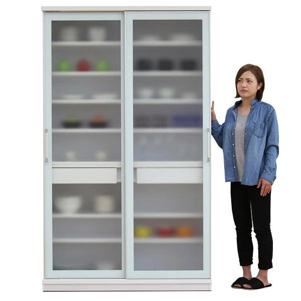 食器棚 スライド扉 キッチンボード 120 大川家具 完成品 ガラス扉