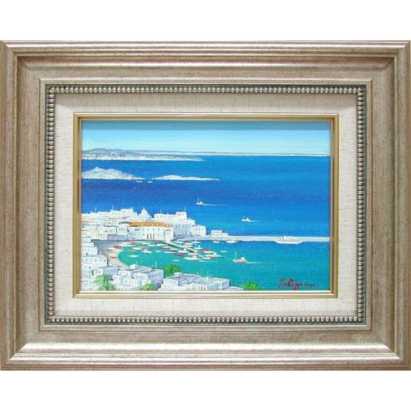 絵画 油絵 青い海のエーゲ海 ミコノス島 （滝川英彦） 【海・山