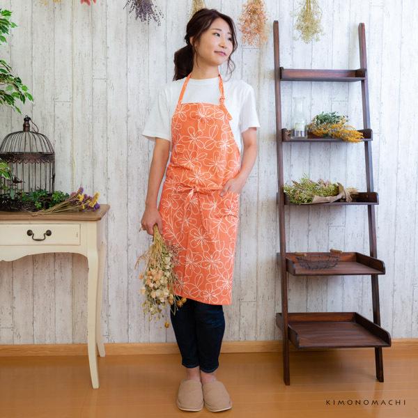 KIMONOMACHI エプロン 「オレンジピンクお花」 日本製 オシャレ