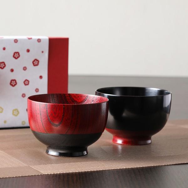 山田平安堂 汁椀 塗分 ペア あかね/黒 お椀/漆塗り/木製/2客組 : 漆器