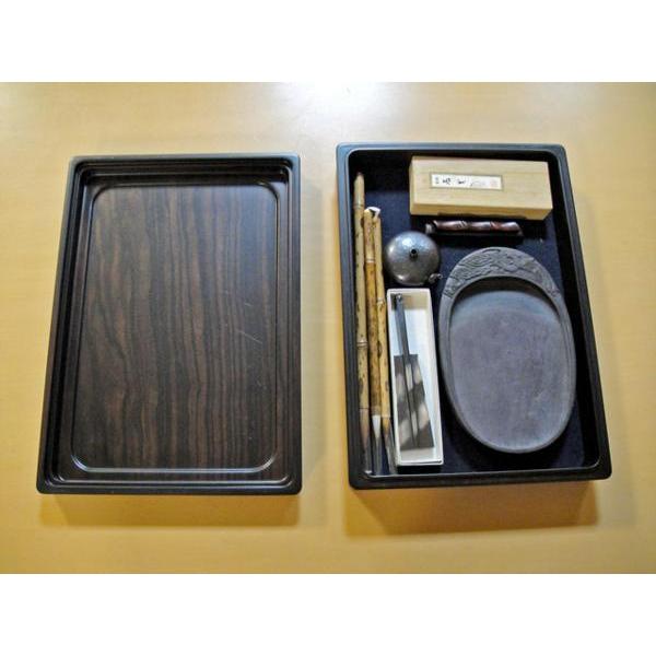 送料無料 ◇ 工芸品 硯 書道具セット 黒檀硯箱 彫刻硯 文明堂筆 華石