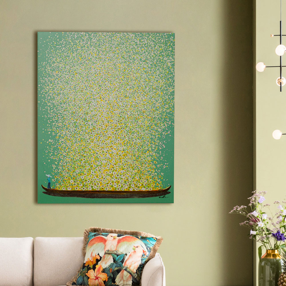 フラワーボート グリーンイエロー 100×80 cm タッチドピクチャー