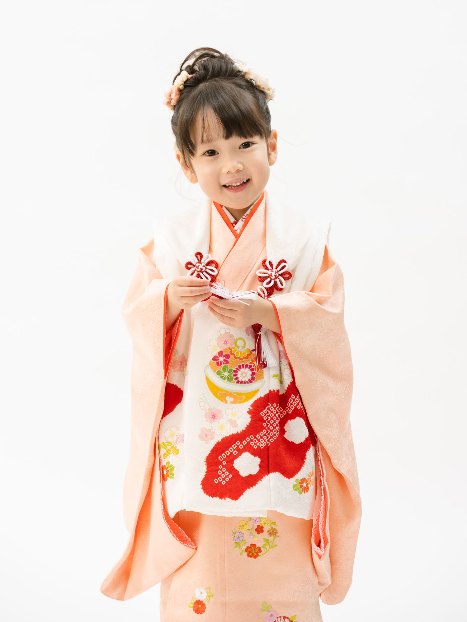 七五三の正絹着物レンタル】 三才の女の子用被布セット 着物：サーモン