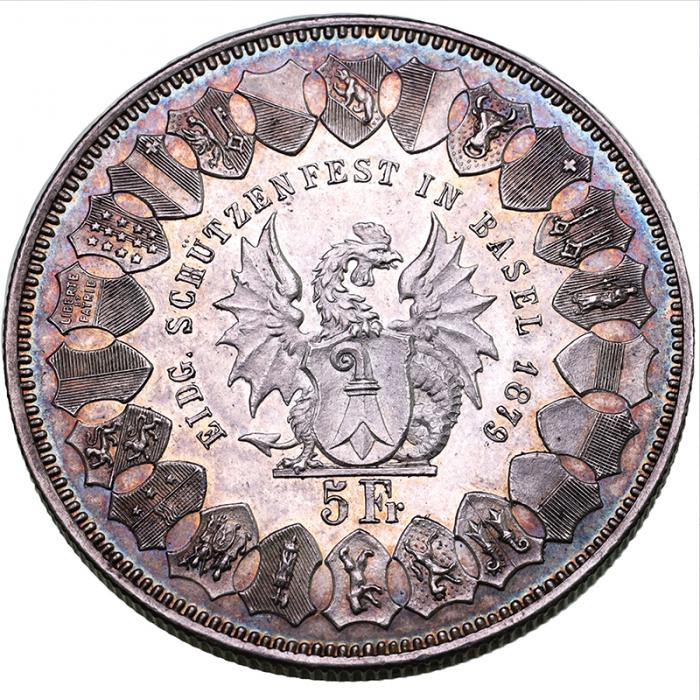 スイス 1879年銘 5フランケン 記念 大型 銀貨 バーゼル 射撃祭シリーズ